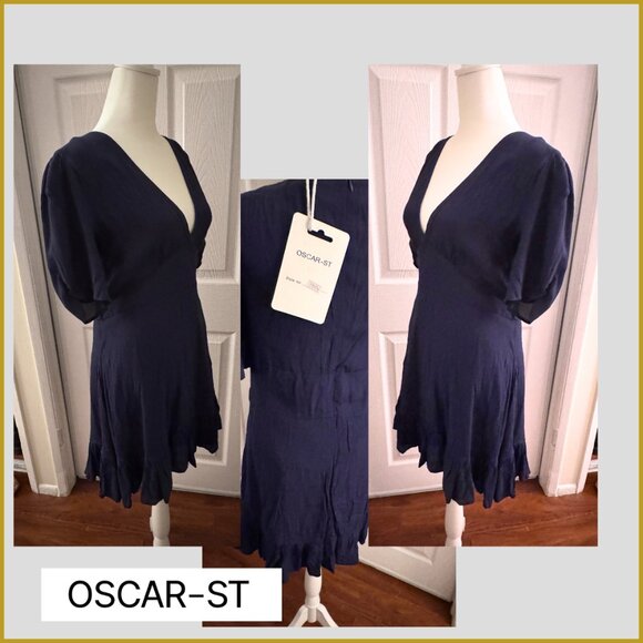 Oscar-ST Navy Deep V-Neck Ruffle Hem Dress – Size M - Picture 4 of 4